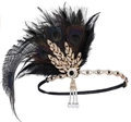 Detailansicht eines 1920er Haarbands mit Pfauenfedern, Straßsteinen und Perlenquasten - Stil 2-Schwarze Feder Golddekor