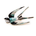 Golden swallow brooch featuring blue and black enamel wings and sparkling rhinestones - Blue Grey Swallow / Blue Gray