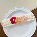 Baby lace headband with colorful fabric flowers and pearls in a white ceramic dish - Red Yellow Pink Three-petal Flowers