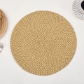 Macro view of woven round placemat with spiral two-tone beige and light brown texture - Yellow & Coffee