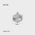 Detailed view of a 16mm round solar pattern pendant with white crystals and measurements - DFC06 Silver Gem
