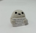 Handmade beige knitted positive potato doll holding a motivational greeting card - Small Potato Off-White L