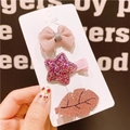 Set of 3 pink girls hair clips featuring fabric bow, glitter star and leaf on card - 1# Sequin Star Set