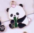 Enamel panda charm with green bamboo and pink flower for DIY jewelry making - Pink Flower Panda Eating Bamboo
