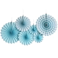 Set of 6 blue and white decorative paper fans with stripes, checkers, and polka dots - Blue Striped