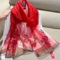 Elegant red embroidered floral scarf with metallic gold trim for women's fashion - 70*180cm / Red