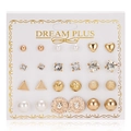 Close-up of 12-pair gold alloy stud earring set with pearls and rhinestones on card - 12 Pairs Heart Triangle Ball Zirconia Pearl