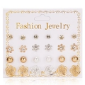 12-pair gold and silver earring set with rose motifs and zircon studs on a card - 12 Pairs Zirconia Pearl Rose Element Set