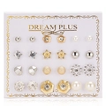 Detail of 12-pair stud earring set featuring pearls, stars, and rhinestones on card - 12 Pairs Star Hexagon Ball Zirconia Pearl Set