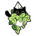 Close-up of a cartoon black cat hiding among green hanging plants enamel pin badge - Xz7438