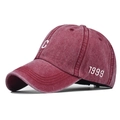 Detail view of washed vintage cotton baseball cap with C and 1999 white embroidery - Adjustable / Burgundy