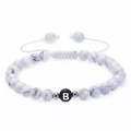 Adjustable 6mm white howlite beaded bracelet featuring black initial letter B charm - Letter B (B-Alphabet Bracelet)