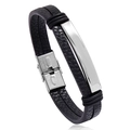 Punk style double-layered black braided leather bracelet with stainless steel metal plate - Black