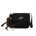 Large black canvas messenger bag with planet embroidery and plush monkey charm accessory - With Frog Pendant / Black