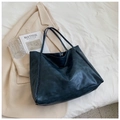 Large dark blue soft faux leather tote bag with dual straps and magnetic closure - Blue