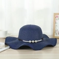 Elegant navy blue woven straw sun hat with pearl bead band for women outdoor leisure - Navy Blue