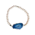 Pink faceted bead bracelet featuring a blue druzy agate slice with gold trim - Blue Agate/Pink Beads