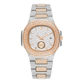 Vista macro de reloj de lujo bicolor plata y oro rosa con bisel de diamantes incrustados - Oro rosa de dos tonos