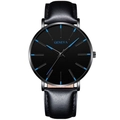 Geneva quartz watch with black dial, blue markers and black leather strap for men - Leather Strap Black Case Blue Hands