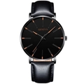 Sleek Geneva men's watch with black leather strap and rose gold case on white background - Black Leather Strap Black Case Orange Pointer
