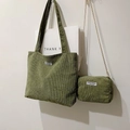 Detail of vintage green corduroy tote bag and matching chain purse with woven labels - One Size / Tote Bag And Chain Bag / Green