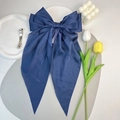 Navy blue satin silk oversized bow hair clip with long ribbons and metal spring base - Navy Blue