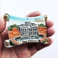 Close-up of a resin Rome fridge magnet featuring St. Peter's Basilica in a scroll design - Vatican Scroll