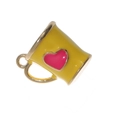 Detail of yellow enamel teacup pendant with pink heart and gold trim for jewelry making - Yellow