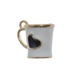 Close-up of a white enamel water cup charm with a gold trim and black heart pattern - White