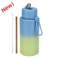 Botella de agua 1L de acero inoxidable azul-verde con pajita dorada y kit de cepillo - 1 l / Tapa con Pajita Pop-up / Degradado Azul Verde