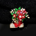 Christmas red boot brooch with colorful rhinestones and floral details on black surface - Christmas Socks Style (YNCP3409)