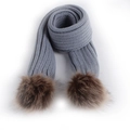 Grey knit winter scarf with brown faux fur pompoms for kids, soft texture on white background - Grey Scarf