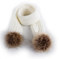 White winter cable knit scarf with two dark brown faux fur pom poms for toddlers - White Scarf