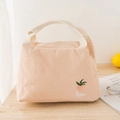 Portable apricot canvas lunch bag with embroidered peach pattern and woven handles - 23*15*15CM / Embroidery Pink Peach