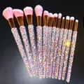Detail of 12 luxury makeup brushes with pink gradient bristles and rhinestone handles - 12pcs Set / Pink White AB Mixed Rhinestones