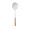 White silicone kitchen slotted spoon with wooden handle and smiling filter holes - Skimmer
