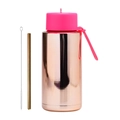 Λεπτομέρεια σετ μπουκάλι 1L rose gold με ροζ καπάκι, καλαμάκι και βουρτσάκι καθαρισμού - 1000ml / Γαλβανισμένο Σαμπανιζέ