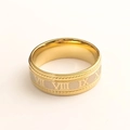 Detailed macro view of gold-plated stainless steel ring with embossed Roman numerals - US 8 / Gold