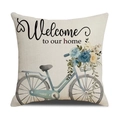 Funda de cojín de lino de Pascua con conejo azul y texto Welcome to our home - Bicicleta de Bienvenida (22YM-4)