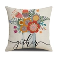 Dettaglio della fodera per cuscino in lino beige con fiori colorati e testo Gather - gather/Motivo Vaso di Fiori (YMS4-4)