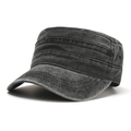 Close-up detail of a dark grey washed cotton flat top military cap for men with stitching. - One Size / Black