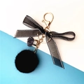 Cute black lace bow keychain with plush ball and gold lobster clasp for bags - Black