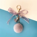 Cute light purple pompom keychain with lace bow and champagne gold metal hardware - Gray