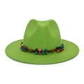 Fluorescent green wool fedora hat with colorful hand-woven wooden bead band for men and women - M (56-58cm) / Green