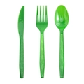 Three-piece disposable green plastic cutlery set with non-slip diamond textured handles - Dark Green