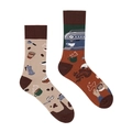 Detail of creative asymmetric coffee theme crew socks with mocha pot and bean jacquard - Coffee Artisan