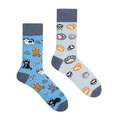 Detail of mismatched cotton crew socks with blue cartoon cat and paw print patterns - Cat Paws