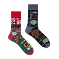 Detail of creative BBQ themed asymmetric mid-calf cotton socks with grill and food patterns - Happy BBQ