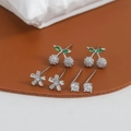 Close-up of S925 silver stud earring set with cherry, flower, and zircon designs - Silver (ed67326)