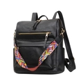 Vintage ethnic style large capacity black PU leather backpack with colorful geometric strap - Large / Black